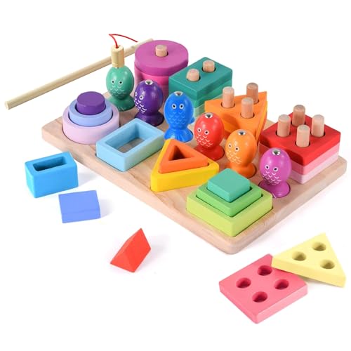 Goviox Montessori Spielzeug ab 1 Jahr, Holz Sortier- & Stapelspielzeug Steckpuzzle,Magnetisches Angelspiel, 3 in 1 Farbe Erkennung Form Sorter Angelspiel, Lernspielzeug Geschenk für Kleinkind von Goviox