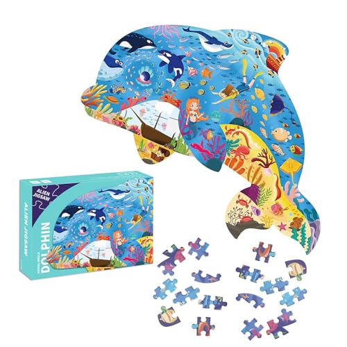 Goviox Tierische Puzzleteile, Besondere Puzzle für Kinder, Jigsaw Puzzle 108 Teile, Witzig Kinderpuzzle Geschenk, Kinderpuzzle Geschenk für Jungen Mädche ab 5-12 Jahren (Delfin) von Goviox