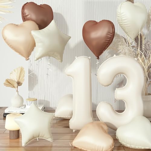 13 Luftballons Zahl Braun Aprikose, Groß Creme Nude Helium Zahlen Ballon 13, Kaffee Beige Neutraler Stern Ballon Herz Folienballon für Mädchen 13. Geburtstag Party Deko Hochzeit Jubiläum Dekoration von Govpy