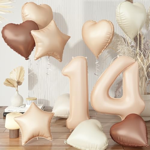 14 Luftballons Zahl Beige Set, Aprikose Ballon 14. Geburtstag Deko für Mädchen, Neutraler Creme Kaffee Nude Herzballons Helium Braun Stern Folienballon für 14 Geburtstagsdeko Jubiläum Party Dekoration von Govpy