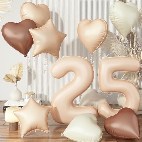 25. Geburtstag Luftballon Zahl Deko, Nude Beige Folienballon 25 Kaffee Stern Ballon, Braun Aprikose Creme Helium Neutraler Herz Luftballons Geburtstagsdeko für Frau 25 Jare Geburtstag Party Dekoration von Govpy