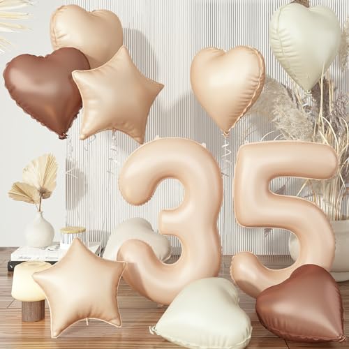 35 Luftballons, XXL Nude 35. Geburtstag Aprikose Ballon Deko, Beige Braun Zahlen 35 Ballon Stern Folienballon Neutraler Herz Luftballons für Frau Geburtstagsdeko Hochzeit Valentinstag Party Dekoration von Govpy