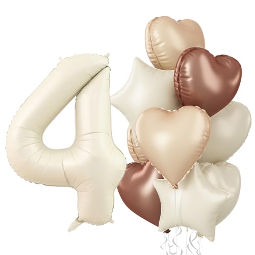 4 Luftballons Zahl Braun Aprikose, Groß Creme Nude Helium Zahlen Ballon 4, Kaffee Beige Neutraler Stern Ballon Herz Folienballon für Mädchen 4. Geburtstag Party Deko Hochzeit Jubiläum Dekoration von Govpy