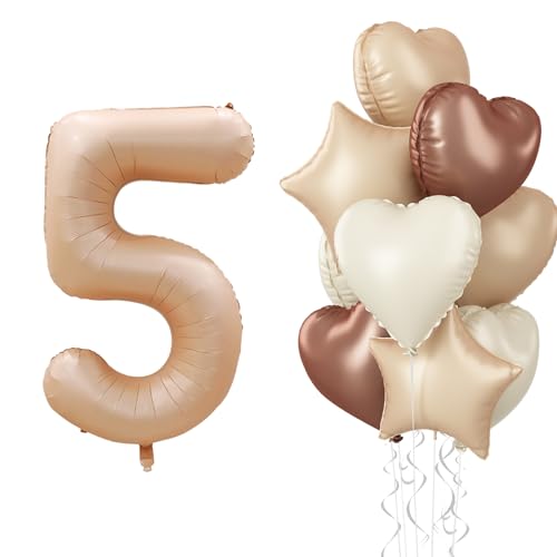 5 Luftballons Zahl Beige Set, Aprikose Ballon 5. Geburtstag Deko für Mädchen, Neutraler Creme Kaffee Nude Herzballons Helium Braun Stern Folienballon für 5 Geburtstagsdeko Jubiläum Party Dekoration von Govpy