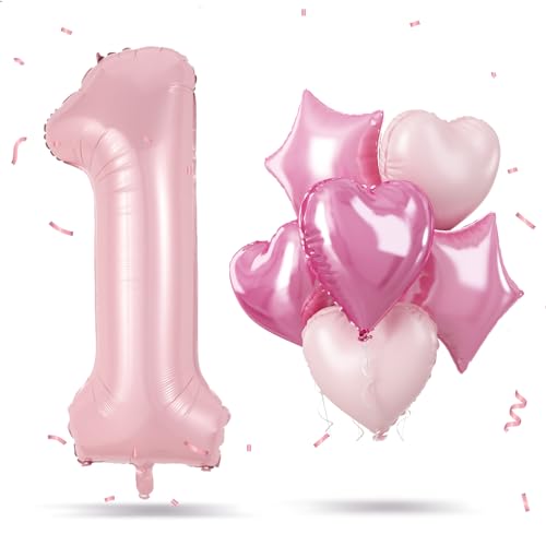 Folienballon Zahl 1 Rosa, XXL Pastell Rosa Zahlenballon 1 für Mädchen, 40 Zoll Hell Pink Zahlen Luftballon 1. Geburtstag Deko mit Herz Stern Helium Ballon für Kinder Babyparty 1 Jahre Geburtstagsdeko von Govpy