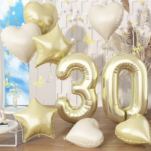 Folienballon Zahl 30 Champagner Gold, 40'' Hell Gold Luftballon 30. Geburtstag, Gold Groß Zahlenballon 30 Geburtstagsdeko mit Beige Herz Stern Helium Ballons für Mann zum Frau 30 Jubiläum Party Deko von Govpy