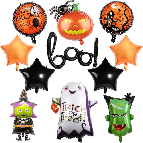 10 Stück Halloween Boo Ballon Set, XXL Geist Spinne Kürbis Hexe Monster Folienballon mit Orange Schwarz Stern Rundes Halloween Party Deko Luftballon für Kinder Happy Halloween Nacht Party Dekoration von Govpy