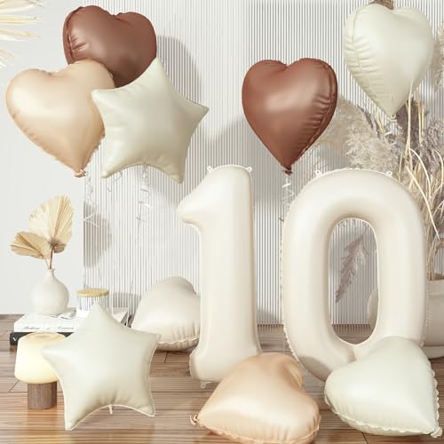 Luftballon 10 Beige, Creme 10. Geburtstag Ballon Deko für Mädchen, Neutraler Aprikose Nude Braun Herzballons Geburtstagsdeko, 40'' Zahl 10 Stern Folienballon für Frau 10 Jare Jubiläum Party Dekoration von Govpy