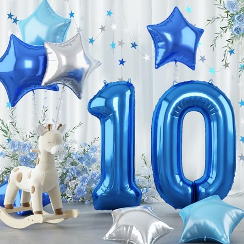 Luftballon 10. Geburtstag für Kinder, Große Blau Dunkelblau Zahl 10 Folienballon Deko, 40'' Helium Perl Hellblau Silber Stern Zahlen 10 Ballon für Jungen 10 Jahr Geburtstag Jubiläum Party Dekoration von Govpy