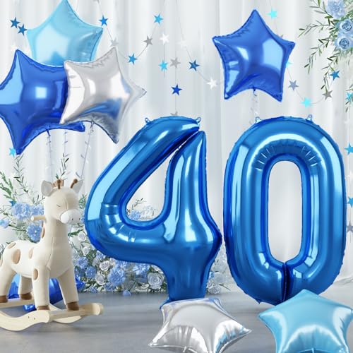 Luftballon 40. Geburtstag für Mann, Große Dunkelblau Zahl 40 Folienballon Deko, 40 Zoll Helium Perl Blau Hellblau Silber Stern Zahlen 40 Ballon für Frau 40 Jahr Geburtstag Jubiläum Party Dekoration von Govpy