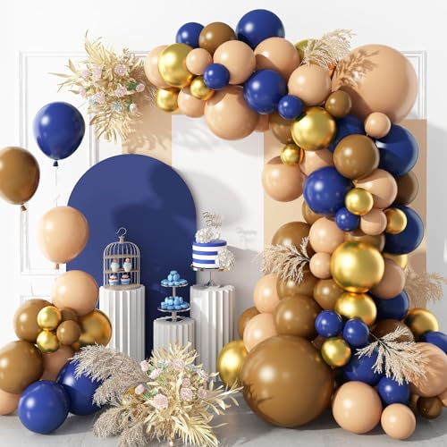 Luftballon Girlande Blau Braun, 100 Stück Navy Blau Kaffee Braun Ballon Girlande mit Metallic Chrome Gold Ballons für Bären-Thema Geburtstags Boho Babyparty Dekoration von Govpy