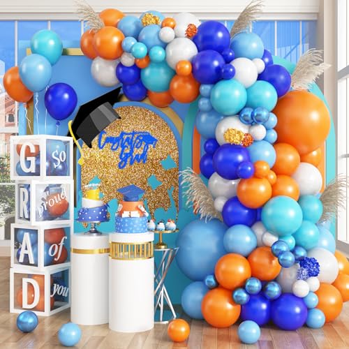 Luftballon Girlande Blau Orange, Kleinblau Navy Blue Hellblau Türkis Orangefarben Weiß Ozean Deko Ballon Girlande Set für Jungen Weltraum Meer Ozean Basketball Geburtstag Abschluss Party Dekoration von Govpy