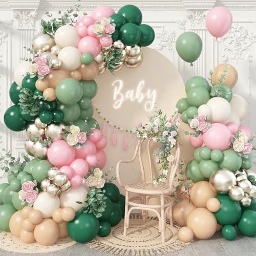 128 Stück Luftballon Girlande Sage Grün Rosa, Ballongirlande Salbeigrün Beige Weiß, Retro Olivegrün Gold Ballons Deko Geburtstag Set für Mädchen Babyparty Baby Shower Dschungel Safari Geburtstagsdeko von Govpy