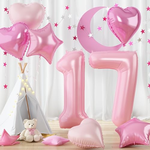 Luftballon Zahl 17 Rosa, 40 Zoll Folienballons Zahlen 17 mit Herz Stern Hell Pink Ballon Geburtstagsdeko Ballon, Groß Helium Zahlenballon 17. Geburtstag für Mädchen 17 Geburtstag Jubiläum Party Deko von Govpy