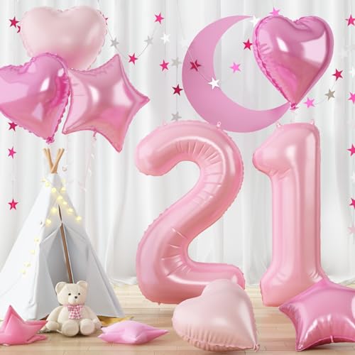 Luftballon Zahl 21 Rosa, 40'' Folienballon Zahlen 21 mit Herz Stern Hell Pink Ballon Geburtstagsdeko Ballon, Groß Helium Zahlenballon 21. Geburtstag für Frau 21 Geburtstag Hochzeit Jubiläum Party Deko von Govpy