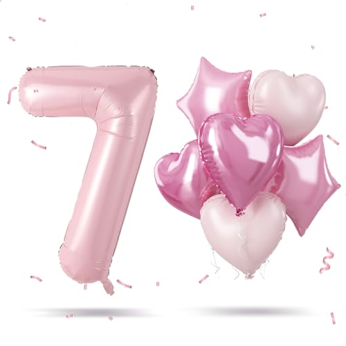 Luftballon Zahl 7 Rosa, 40 Zoll Folienballons Zahlen 7 mit Herz Stern Hell Pink Ballon Geburtstagsdeko Ballon, Groß Helium Zahlenballon 7. Geburtstag für Mädchen 7 Jahre Geburtstag Jubiläum Party Deko von Govpy