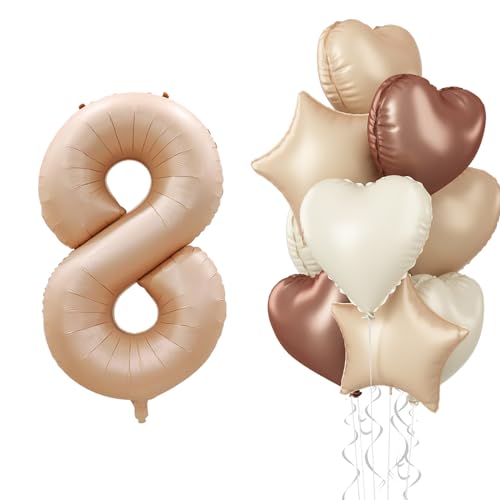 Luftballon Zahl 8 Nude, Creme Neutraler Folienballon 8 Stern Herz Luftballons Deko, Braun Beige Zahl 8 Ballons Aprikose Helium für Mädchen 8. Geburtstag Hochzeit Valentinstag Party Dekoration von Govpy