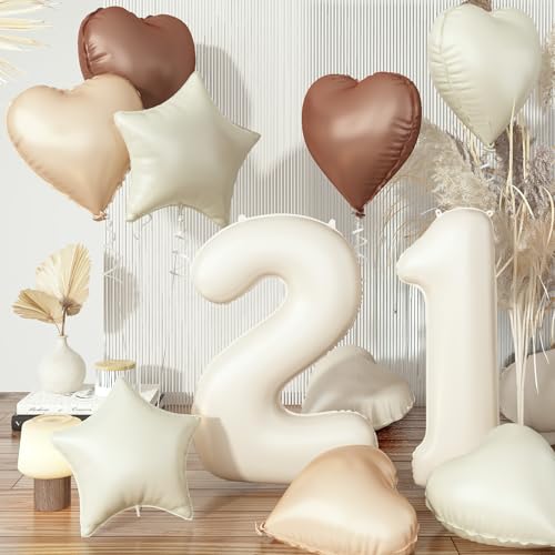 Luftballons 21 Creme, XXL Nude Sandweiß 21. Geburtstag Ballon Deko, Beige Zahlen 21 Stern Folienballon Neutraler Kaffee Braun Herz Luftballons für Mädchen Frau 21. Geburtstagsdeko Party Dekoration von Govpy