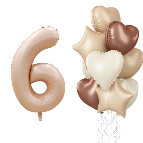 Luftballons 6 Beige, XXL Nude 6. Geburtstag Ballon Deko, Braun Cremeweiß Zahl 6 Ballon Kaffee Aprikose Stern Folienballon Neutraler Herz Luftballons für Frau Hochzeit Valentinstag Party Dekoration von Govpy