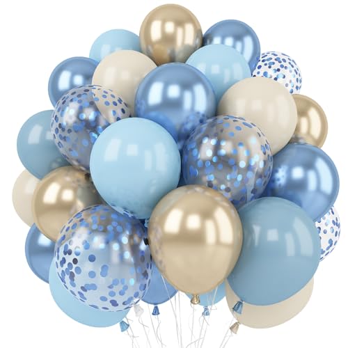 Retro Blau Beige Luftballons, 60 Stück 12 Zoll Dusty Blau Hellblau Metallic Gold Konfetti Ballons mit Weiß Sand Ballons für Boho Geburtstags Babyparty Hochzeit Dekoration von Govpy