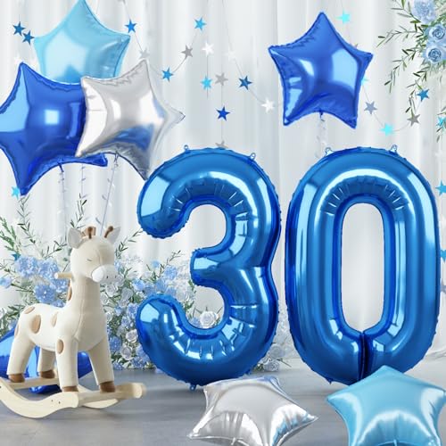 Riesen Dunkelblau 30 Luftballon für Herren, 40'' Pastell Blau Zahl 30 Luftballon Geburtstagdeko, Hellblau Silber Stern Zahlen 30 Folienballon für 30. Geburtstag Jubiläum Party Deko, Fliegt mit Helium von Govpy