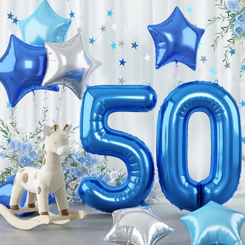 Riesen Dunkelblau 50 Luftballon Zahl Deko, 40'' Blau Hellblau Helium Zahlenballon 50 Geburtstagsdeko, Marineblau Silber Stern Zahl 50 Folienballon für Herren 50. Geburtstag Jubiläum Party Dekoration von Govpy