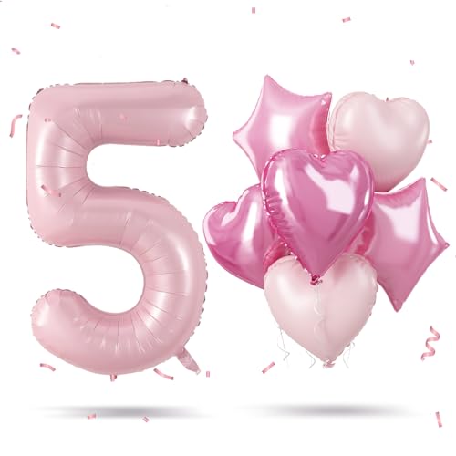 Rosa Luftballon 5. Geburtstag Deko, XXL Zahl 5 Luftballon für Mädchen 5 Geburtstagsdeko, 40'' Hell Pink Folienballon Zahlen 5 Ballon mit Herz Stern Helium Ballon für 5 Jahre Jubiläum Party Dekoration von Govpy