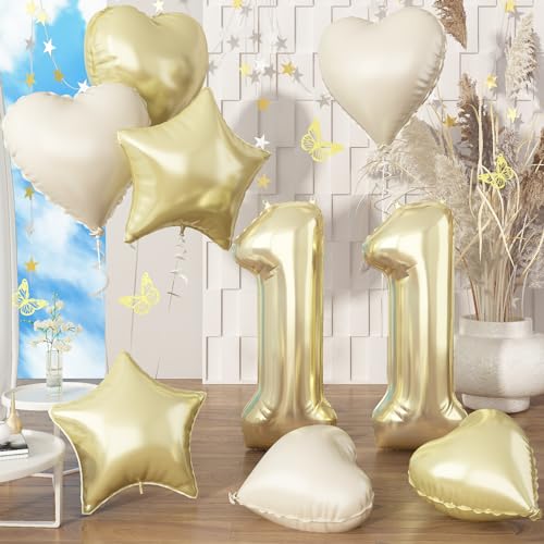 Luftballon Gold 11. Geburtstag Deko, XXL Champagner Goldene Zahl 11 mit Beige Herz Stern Ballons für Mädchen, 40'' Folienballon Zahlen 11 Ballon für 11 Jahre Geburtstagsdeko Jubiläum Party Dekoration von Govpy