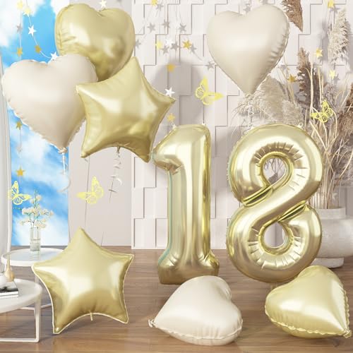 Luftballon 18. Geburtstag, Folienballon Zahl 18 Champagner Gold mit Creme Herz Stern Ballon, 40 Zoll Hell Gold Zahlen 18 Geburtstagsdeko für Junge, Luftballon 18 Jubiläum Party Deko, Fliegt mit Helium von Govpy