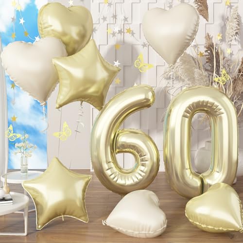 Geburtstag Zahlen Luftballon 60, 40'' Champagner Gold Folienballon Zahl 60 für Mann, Riesen Hell Gold Helium Ballon 60. Geburtstagsdeko mit Creme Weiß Herz Stern Ballon für Frau 60 Jubiläum Party Deko von Govpy