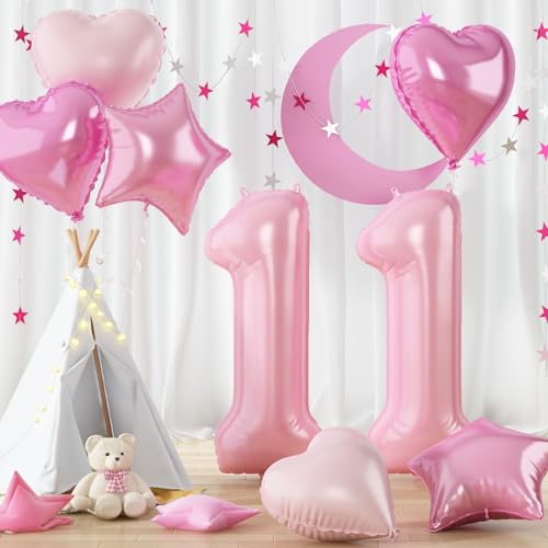 Folienballon Zahl 11 Rosa, XXL Pastell Rosa Zahlenballon 11 für Mädchen, 40 Zoll Hell Pink Zahlen Luftballon 11. Geburtstag Deko mit Herz Stern Helium Ballon für Kinder Babyparty 11 Geburtstagsdeko von Govpy