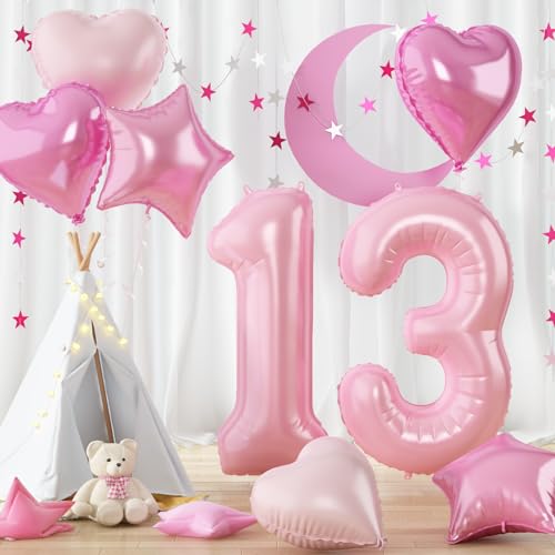 XXL Rosa Luftballon Zahl 13, 40" Pastell Pink Folienballon Zahlen 13, Zahlenballon 13. Geburtstag Dekoration mit Herz Ballon für Mädchen, Helium Ballon 13 Geburtstagsdeko Hochzeit Jubiläum Party Deko von Govpy