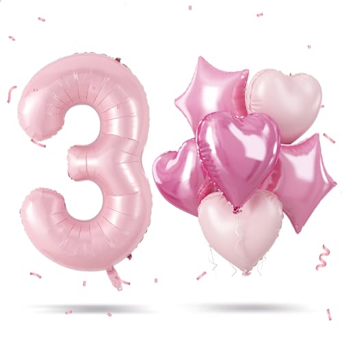 XXL Rosa Luftballon Zahl 3, 40" Pastell Pink Folienballon Zahlen 3, Zahlenballon 3. Geburtstag Dekoration mit Herz Stern Ballon für Kinder, Helium Ballon 3 Geburtstagsdeko Hochzeit Jubiläum Party Deko von Govpy