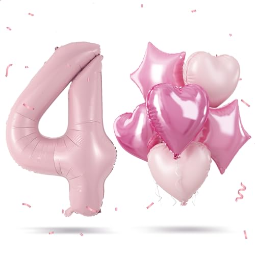 Folienballon 4. Geburtstag Deko, Groß Helium Pastell Rosa Ballon Zahlen mit Hell Pink Herz Stern Ballon für Mädchen 4. Geburtstagdeko, 40'' Zahl Luftballon 4 Jubiläum Valentinstag Party Dekoration von Govpy