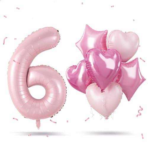 Zahl Luftballon 6. Geburtstag Deko, Pastell Rosa 40 Zoll Zahlenballon 6 mit Herz Stern Ballon, XXL Pink Folienballon Zahlen 6 Helium Ballon für 6 Kindergeburtstag Hochzeit Jubiläum Party Dekoration von Govpy