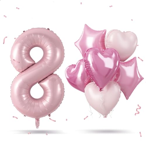 Pastell Rosa Geburtstag Zahlen Luftballon 8, Pink Folienballon Zahl 8 mit Herz Stern Ballon, 40'' Zahlenballon 8 Jahre Geburtstagsdeko für Kinder 8. Geburtstag Jubiläum Party Deko, Fliegt mit Helium von Govpy