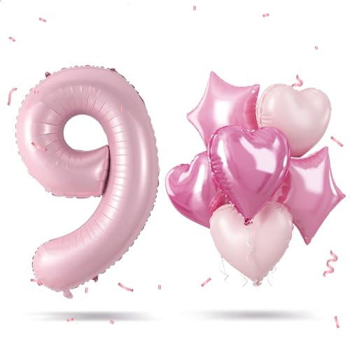 Zahlen Luftballon 9 Rosa, Riesen Hell Pink Folienballon Zahl für Mädchen 9 Geburtstagsdeko, 40 Zoll Helium Zahlenballon mit Herz Stern Ballon 9. Geburtstag Deko für 9 Jahre Jubiläum Party Dekoration von Govpy