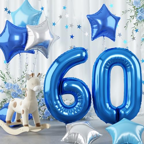 luftballon 60. Geburtstag Zahlen für Herren, Blau Dunkelblau Große Folienballon Deko, 40 Zoll Pastell Hellblau Silber Stern Helium Zahl 60 Ballon für 60 Jahr Geburtstagdeko Jubiläum Party Dekoration von Govpy