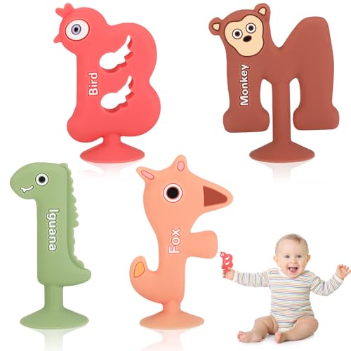 Gowkeey 4 Stück Baby Beißspielzeug, BPA-frei Baby Beißring in Buchstabenform, Silikon Zahnungshilfe, Baby Zahnen Spielzeug Beissring, Zahnungshilfe Nursing Zubehör, für 3-24+ Monate von Gowkeey