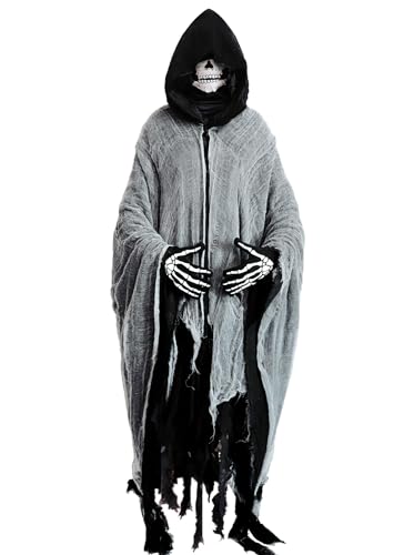 Sensenmann Kostüm Halloween Horror Umhang mit Kapuze für Herren Vintage Gruseliger Hakenumhang Set Totenkopf Maske & Skelett Handschuhe (Schwarz) von Gowpug