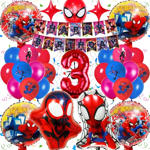 32 Stück Spider Deko Geburtstag Kinder Set, Spiderma Geburtstagsdeko 3 Jahre, Gozuein Spider Kindergeburtstag Deko, Kit Party Geburtstag Deko 3 Jahre mit 3D Folienballon Banner für Junge Mädchen von Gozuein
