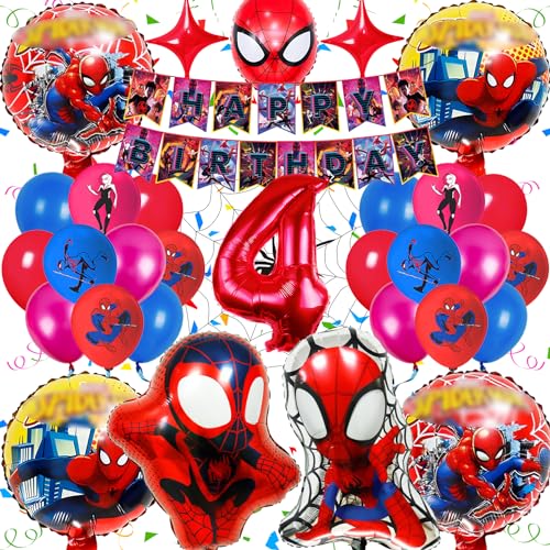 32 Stück Spider Deko Geburtstag Kinder Set, Spiderma Geburtstagsdeko 4 Jahre, Gozuein Spider Kindergeburtstag Deko, Kit Party Geburtstag Deko 4 Jahre mit 3D Spiderma Luftballons Banner Junge Mädchen von Gozuein