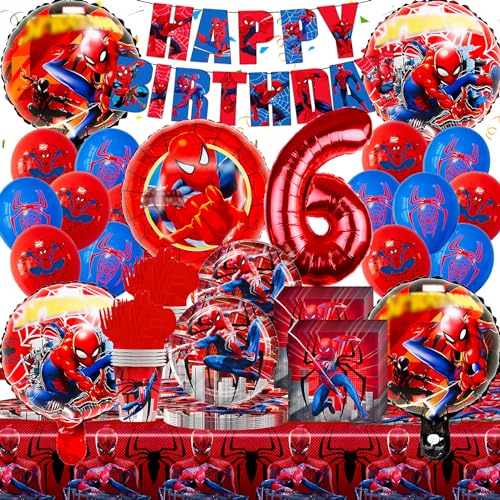 Geschirr für Spiderman Deko Geburtstag, Gozuein Spiderma Geburtstagsdeko 6 Jahre, 93 Stück Spider Kindergeburtstag Themed Party Dekoration Teller Becher für Spiderman Luftballons Servietten Tischdecke von Gozuein