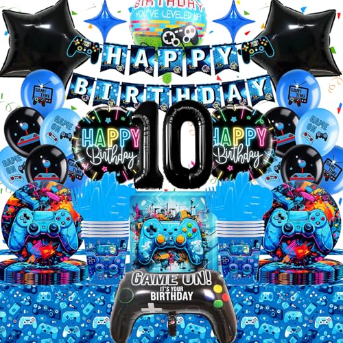 Gamer Geburtstagsdeko Partygeschirr 10 Jahre, Gozuein Videospiel Geburtstagsparty Deko, 3D Gamecontroller Ballon Banner Tischdecke Pappteller Servietten Pappbecher Blau Gamer Gaming Party Deko Junge von Gozuein