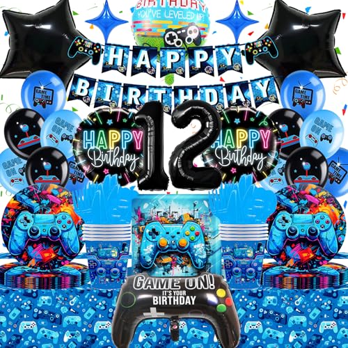 Gamer Geburtstagsdeko Partygeschirr 12 Jahre, Gozuein Videospiel Geburtstagsparty Deko, 3D Gamecontroller Ballon Banner Tischdecke Pappteller Servietten Pappbecher Blau Gamer Gaming Party Deko Junge von Gozuein