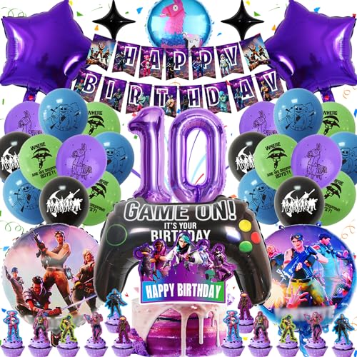 Geburtstagsdeko Fortnit Kuchendeko Set 10 Jahre, Gozuein 45 Stück Videospiel Party Dekoration Kindergeburtstag, 3D Luftballons Gamer Themen Deko Geburtstag, Fortnit Tortendeko Banner Kit Jungen Kinder von Gozuein