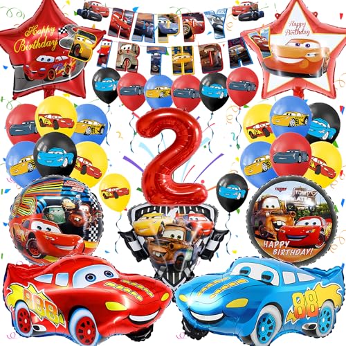 Gozuein Cars Geburtstagsdeko Set 2 Jahre, 30 Stück Cars Party Dekoration Kindergeburtstag, 3D Luftballons Cars Themen Deko Geburtstag, Ballon Girlanden Folienballon Geburtstag Banner Kit Jungen von Gozuein