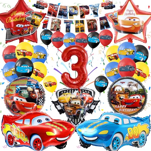 Gozuein Cars Geburtstagsdeko Set 3 Jahre, 3D Luftballons Cars Themen Deko Geburtstag, 30 Stück Cars Party Dekoration Kindergeburtstag, Ballon Girlanden Folienballon Geburtstag Banner Kit Jungen von Gozuein
