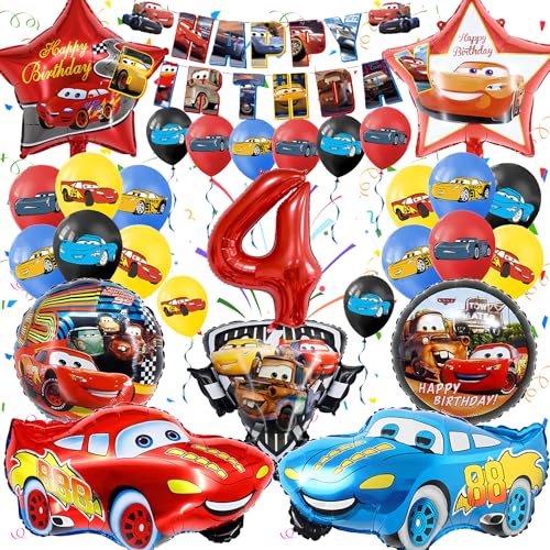 Gozuein Cars Geburtstagsdeko Set 4 Jahre, Cars Deko Geburtstag Kinder Mädchen Junge, Cars Luftballons Party Dekoration, 3D Helium Ballon Girlanden Folienballon Geburtstag Banner Fete Theme Kit Ballons von Gozuein