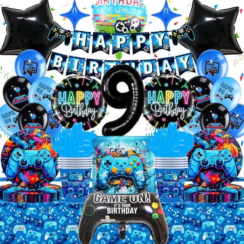 Gozuein Gamer Geburtstagsdeko Partygeschirr, Videospiel Geburtstagsparty Deko 9 Jahre, 3D Gamecontroller Ballon Banner Tischdecke Pappteller Servietten Pappbecher Blau Gamer Gaming Party Deko Junge von Gozuein